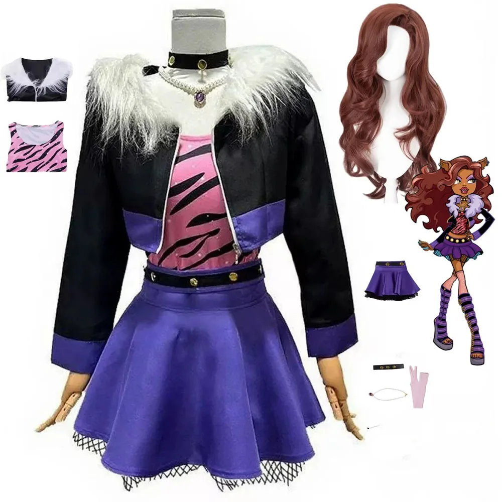 Anime Clawdeen Wolf Cosplay Kostüm Perücke Schwarz Kurzen Mantel Rock Uniform Perücke Frau Mädchen Halloween Party Karneval Rolle Spielen Outfit Image