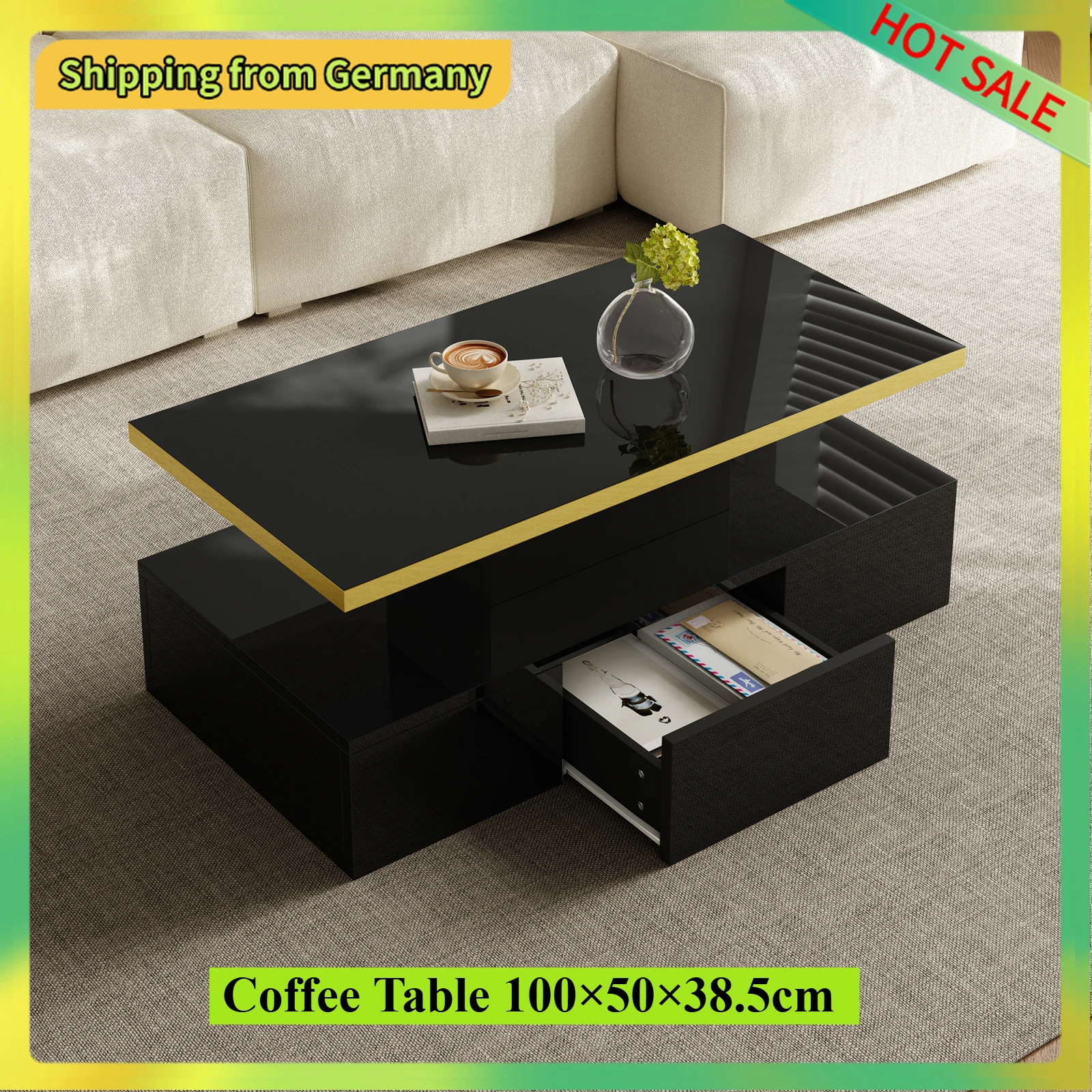 Comanlai 100 cm moderner Couchtisch mit Schubladen, Hochglanz-Beistelltisch für Wohnzimmer, Schwarz, 100 x 50 x 38,5 cm