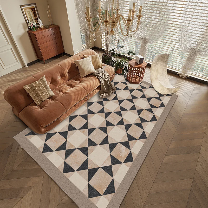 Geometrische Vintage-Teppichmatte, Teppich, braun, beige, Art-Deco-Heimdekoration, langlebige Wohnzimmer-Bodenmatte mit Schachbrettmuster