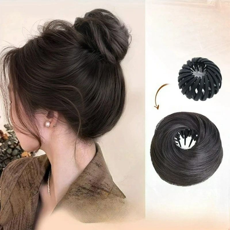Synthetischer Vogelnest-Dutt-Kopf, Kunsthaar, Chignon-Band, Haarverlängerung, elastisches Haargummi für asiatische Frauen, erhöht schnell das Haar Image