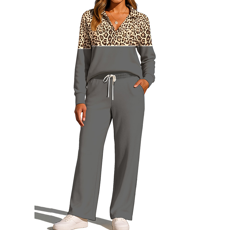 Women's Sweatshirt Tracksuit Sweatpants Drawstring Pocket Leopard Jacket and Sweatpants Athletic Clothing Set Loungewear Summer Spring Fall Winter Red Brown Black Gym Workout Casual Workout Thermal