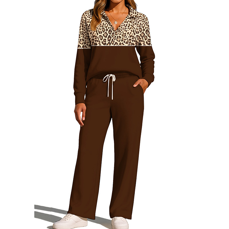 Women's Sweatshirt Tracksuit Sweatpants Drawstring Pocket Leopard Jacket and Sweatpants Athletic Clothing Set Loungewear Summer Spring Fall Winter Red Brown Black Gym Workout Casual Workout Thermal