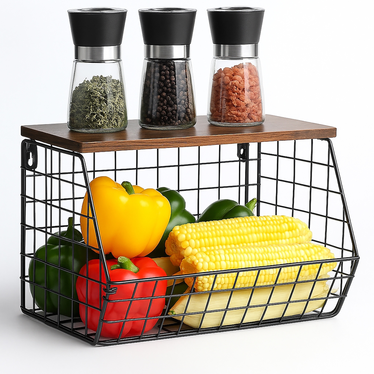 Relaxdays Obstkorb Wandregal, Ablagebrett, Küchenorganizer, HBT: 22x30x20 cm, Gitterkorb Metall, schwarz/dunkelbraun Image
