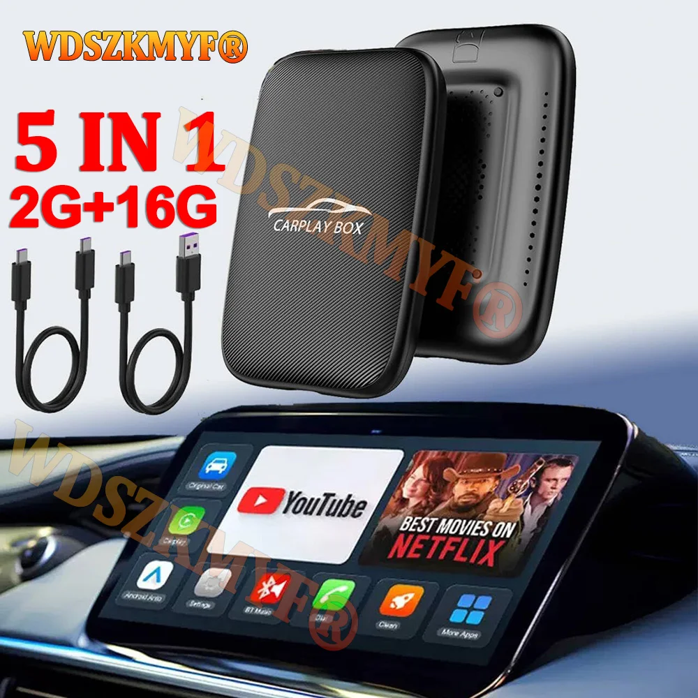 5-in-1 Smart Carplay AI Box Android 14 Mirro Link Wireless Carplay Android Auto Plug and Play TV BOX für Netflix YouTube Image