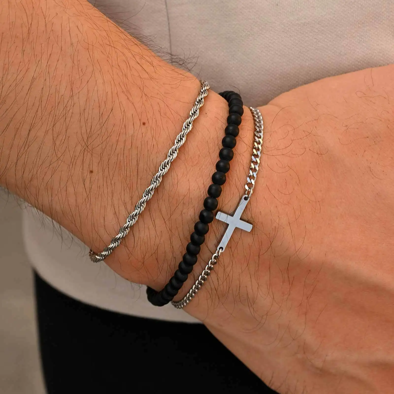 3 Stück stilvolles Kreuz-Herrenarmband, gestapeltes Punk-Armband aus Edelstahl mit Kettengliedern, Geburtstags- und Jahrestagsgeschenk für Ihn Image
