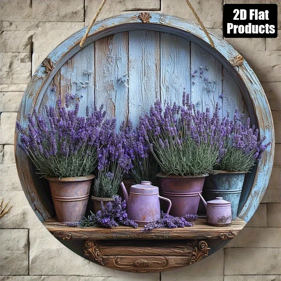 2D flach, 1 Stück, rundes dekoratives Holzschild mit Lavendel-Thema, geeignet für Bar, Küche, Café, Zuhause, Wohnzimmer Image