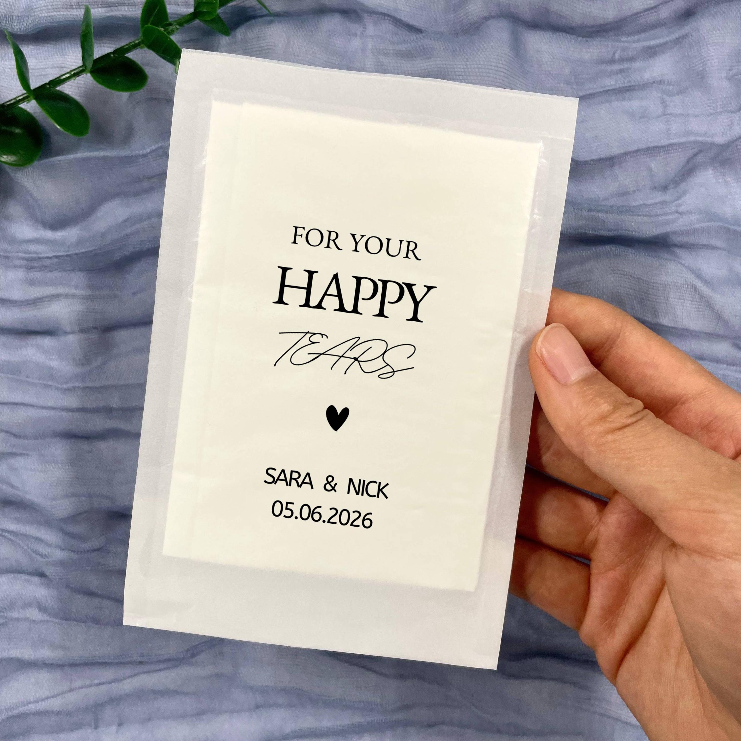 20 confezioni di fazzoletti personalizzati per matrimonio, confezioni di coriandoli personalizzati per matrimonio, Happy Tears, confezioni di coriando