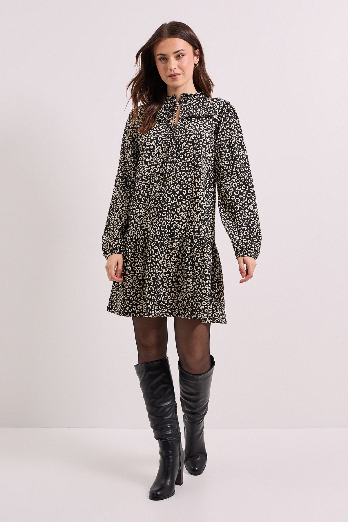 Dorothy Perkins Womens Mono Floral Tie Neck Tiered Smock Jersey Mini Dress - Monochrome Multi - Size 16 UK