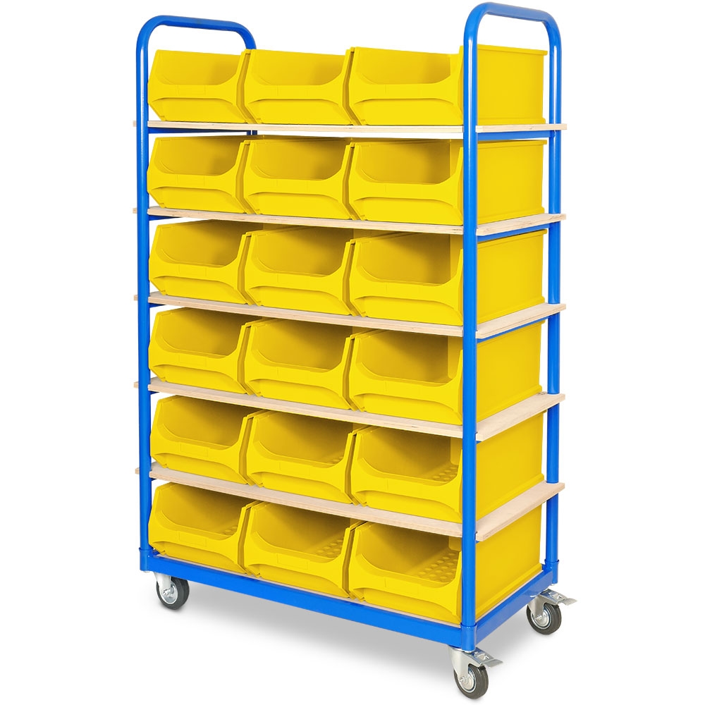 BRB Etagenwagen mit 6 Ebenen, BxTxH 1050x500x1690 mm, bestückt mit 18 Sichtkästen LB2 21,8 Liter, 2 Lenk-/2 Bockrollen (gelb) Image