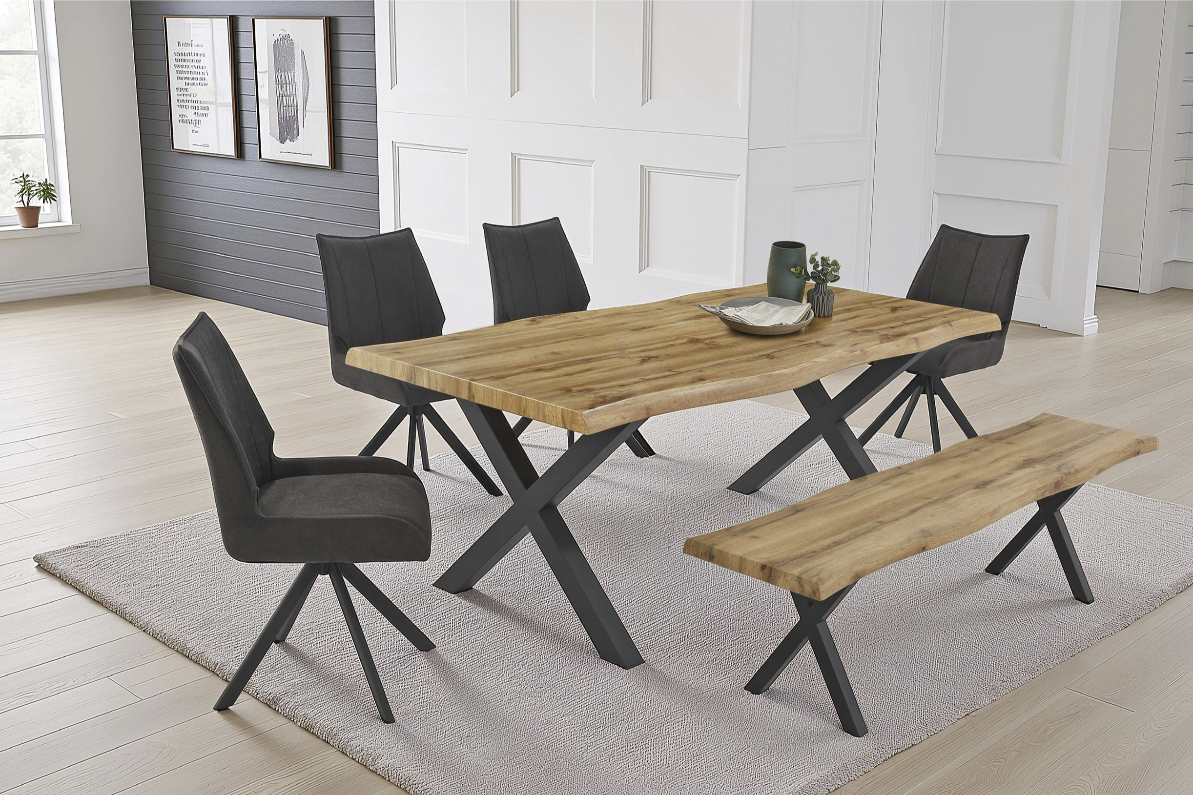 Essgruppe JOCKENHÖFER GRUPPE "Marlon, Sitzgruppe, (Set, 6-tlg, Tisch, Bank und 4 Stühle)", tisch wildeiche, stühle anthrazit,, Tisch Wildeiche, Stühle anthrazit, Sitzmöbel-Sets, Essgruppe, Tischplatte und Bank Wildeiche, Stuhl anthrazit, Topseller