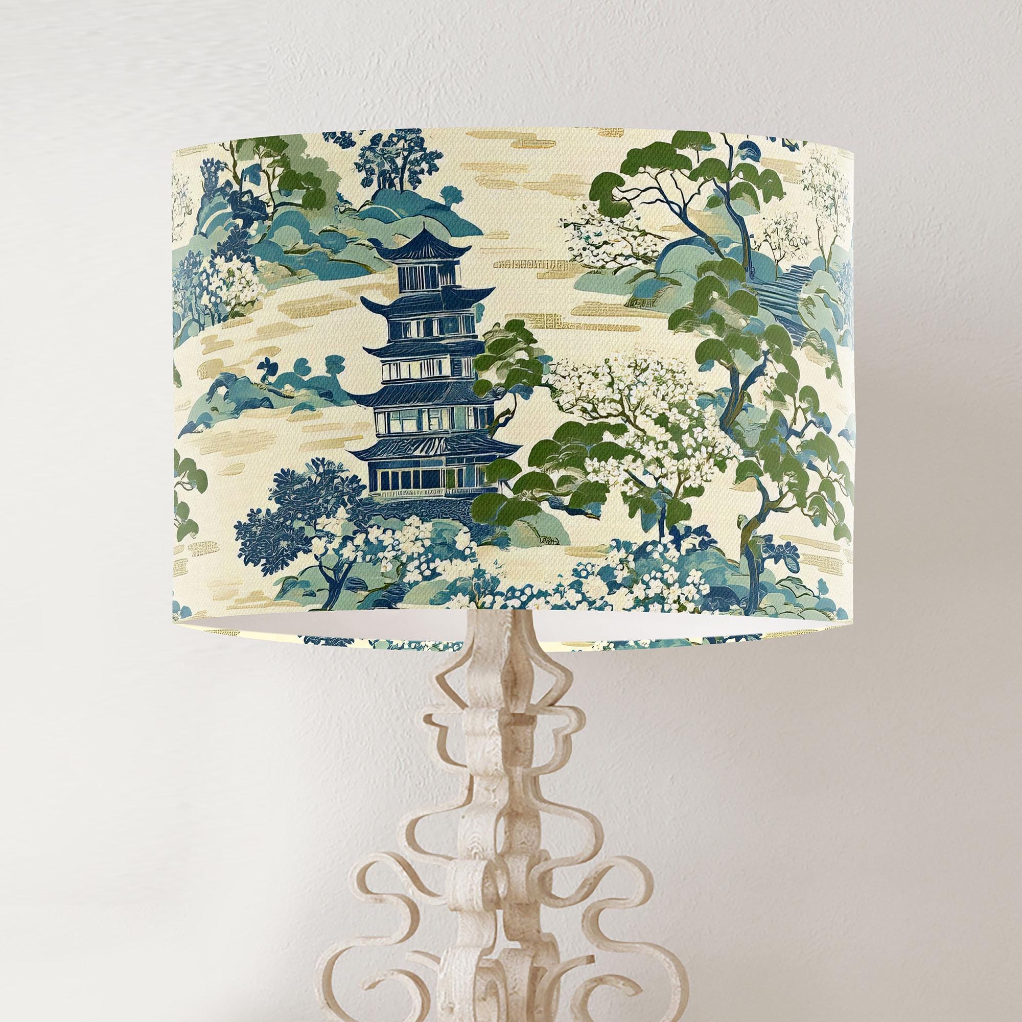Élégant abat-jour chinois bleu-vert, abat-jour tambour imprimé en tissu fait main, décoration de maison de campagne, plafonnier ou lampe de table, tem