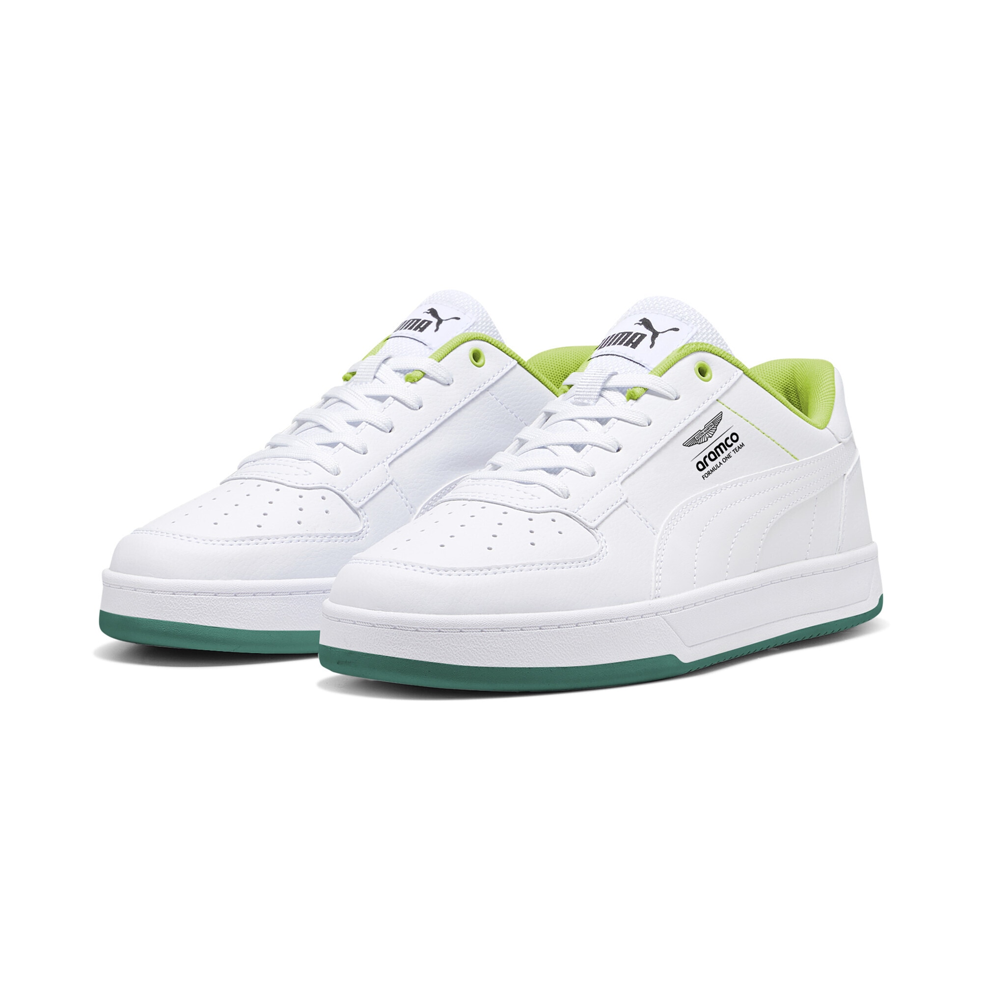 Sneaker PUMA "PUMA x ASTON MARTIN ARAMCO F1 TEAM Caven 2.0 Sneakers", Damen, Gr. 45, weiß lime shimmer grün, Obermaterial: Textil, Synthetik; Futter: Textil; Laufsohle: Gummi, Schuhe Sneaker