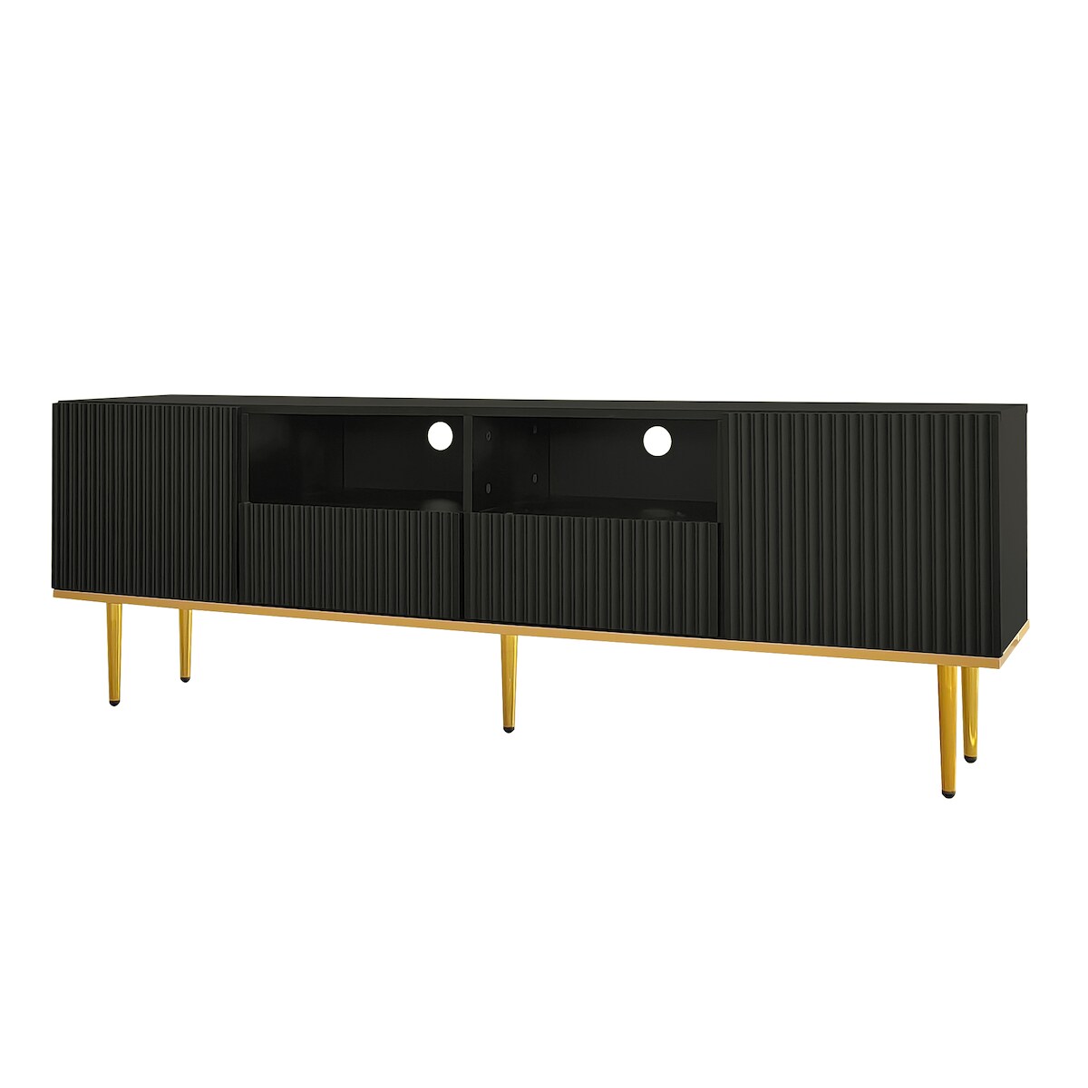 OKWISH TV-Schrank 165x36x55 cm Schwarz+Gold mit Schubladen, Fächern, modernes Wohnzimmermöbel, elegante Aufbewahrung Image