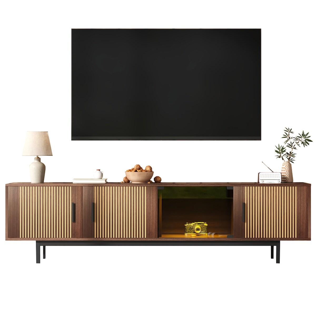 OKWISH TV-Ständer 200x35x53 cm Walnut Brown + Black LED-Licht Metall-Glas TV-Board mit Bluetooth App-Steuerung für modernes Wohnzimmer Image