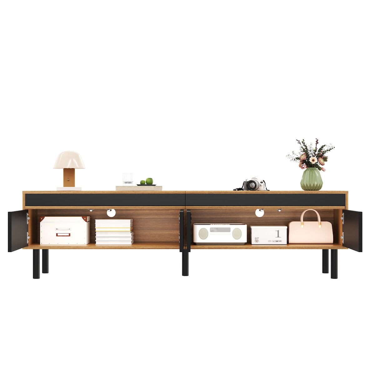 OKWISH TV-Schrank 170x38x47 cm mit 4 Türen, Massivholzbeine, geräumiger Stauraum, Streifendetails, Türöffner, modernes Wohnzimmermöbel, Schwarz+Natur Image