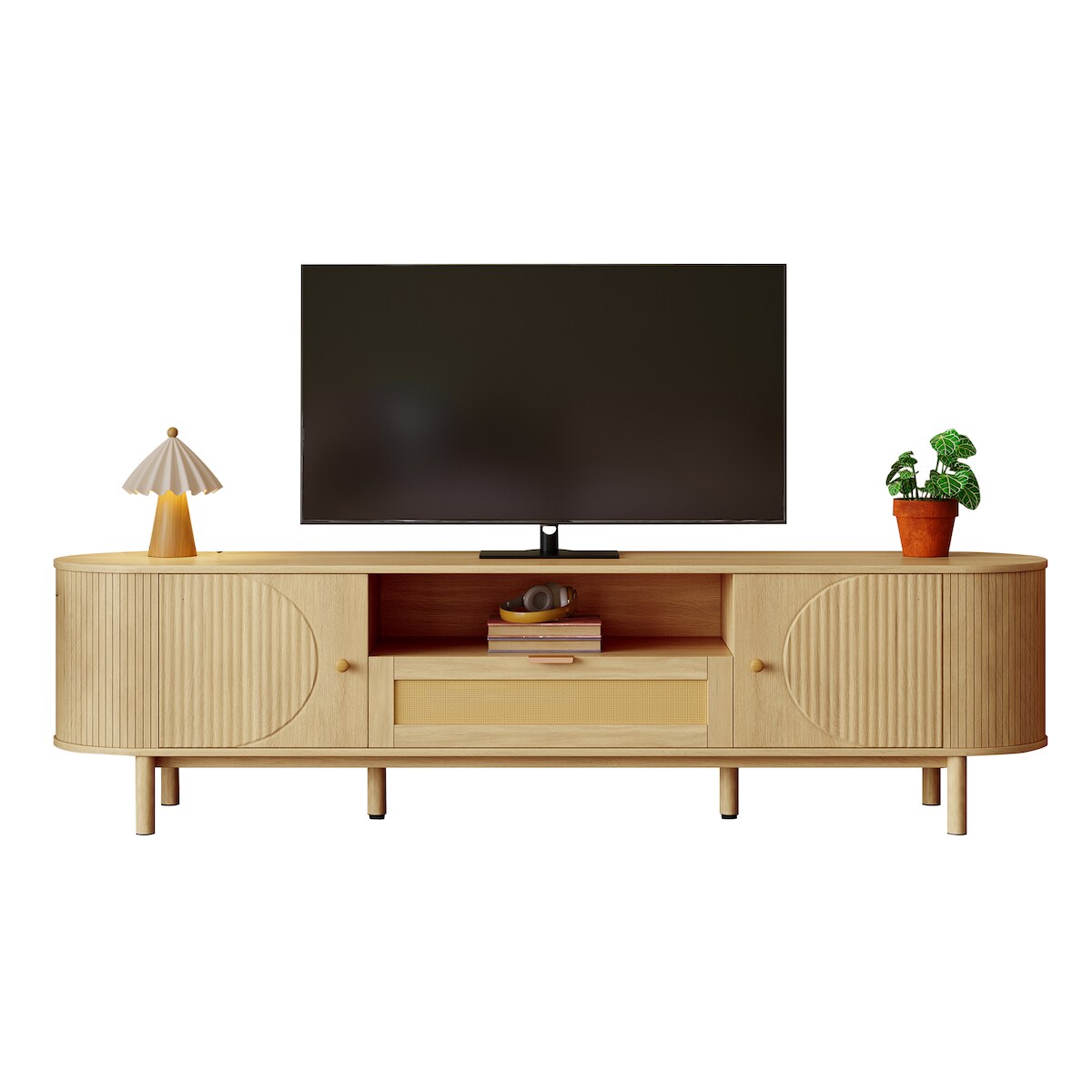 OKWISH TV-Schrank 170x30x50 cm mit Rattanschublade, 2 Türen, MDF+Metallbeine, Kabelführung, geschwungenes Design, Stauraum, Holzfarbe Image