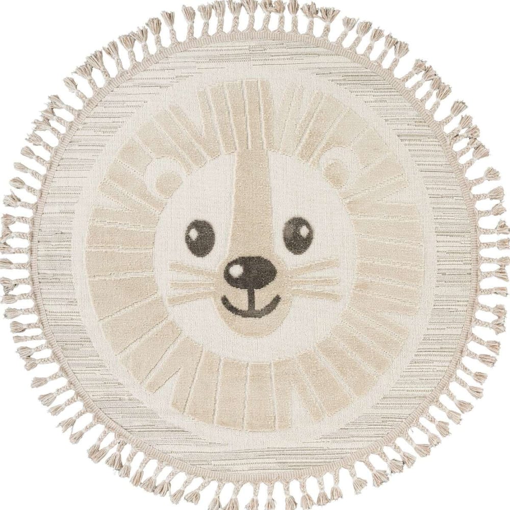 Tapis rond enfant doux texturé lion blanc 130x130