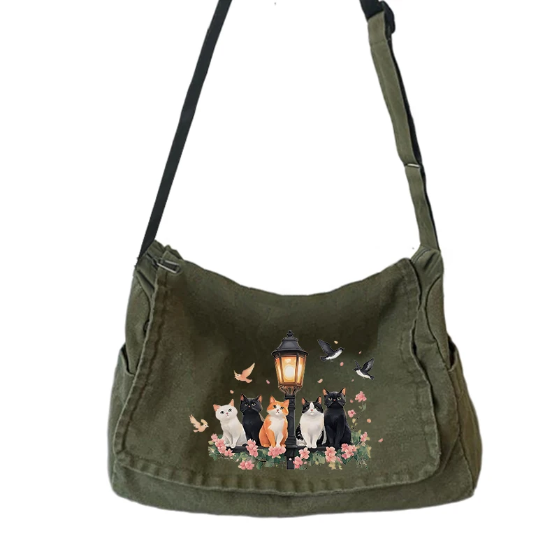 Retro Katze-bedruckte Leinwand Tasche Große Kapazität frauen Schulter Tasche Armee Grün Künstlerische Umhängetasche Für Frauen Pendeln Image