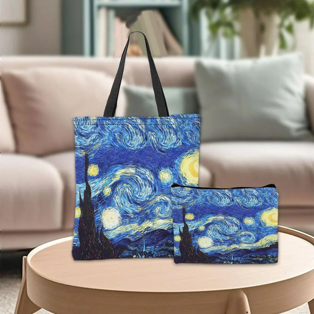 Tragetasche der Van Gogh-Serie, Kosmetiktasche, Ölgemälde, Sternennacht, Sonnenblume, Reisehandtasche, praktische Kombination, Einkaufstaschen Image