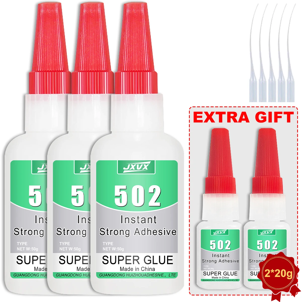 502 Superkleber Sofort trocknender Cyanacrylat-Klebstoff Leder Gummi Glas Holz Metall Stark haftender Flüssigkleber 50 g Großpackung, drei kaufen, zwei gratis dazu.