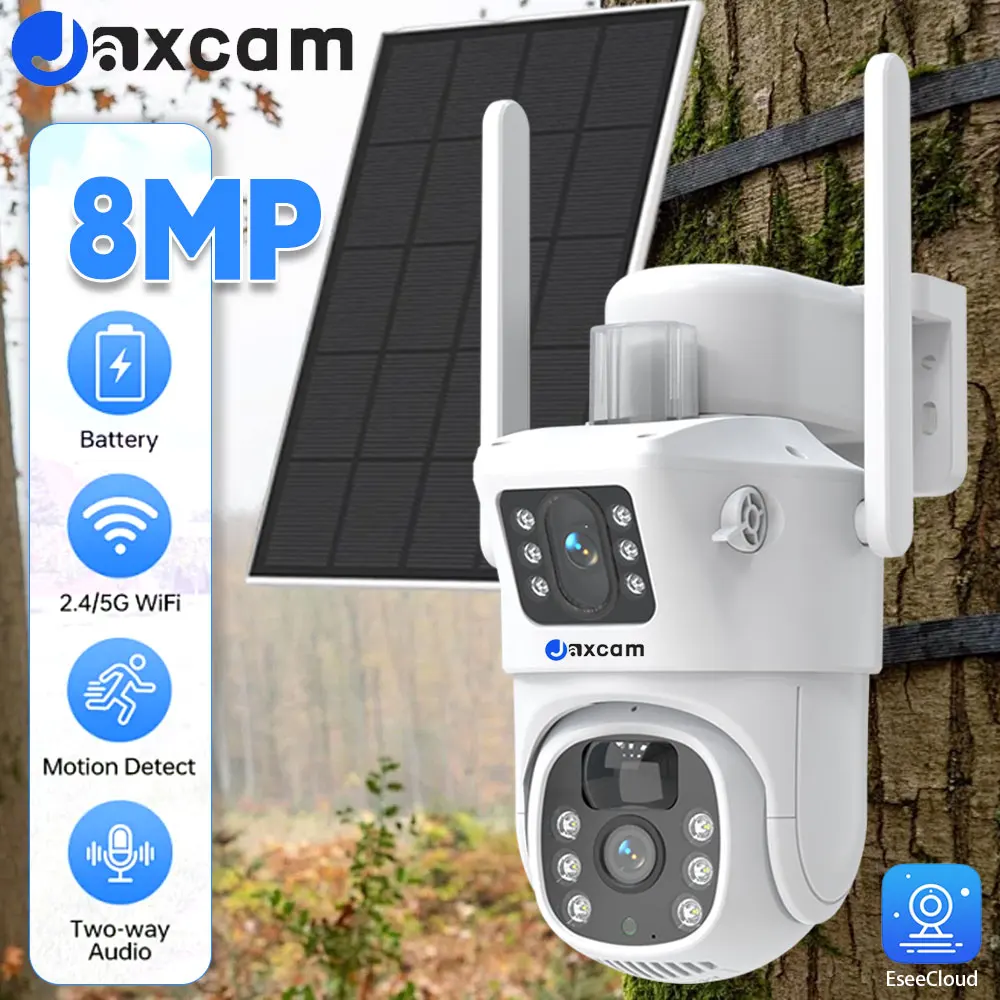 Telecamera PTZ di sicurezza WIFI 5G e 2.4GHZ Doppia lente Doppio schermo Batteria a energia solare 8MP 4K Allarme CCTV Rilevazione PIR Telecamera IP EseeCloud
