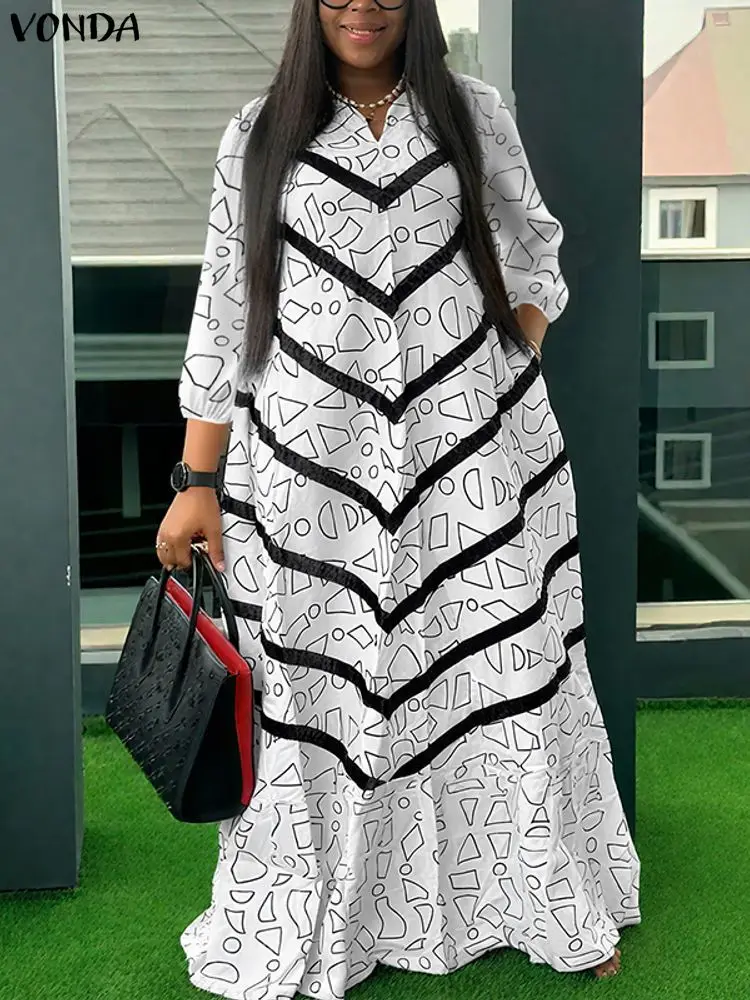 VONDA Plus Größe Rüschen Frauen Böhmischen Vestidos Herbst Lange Maxi Robe Print Party Elegante 3/4 Hülse Beiläufige Lose Kleid 5XL