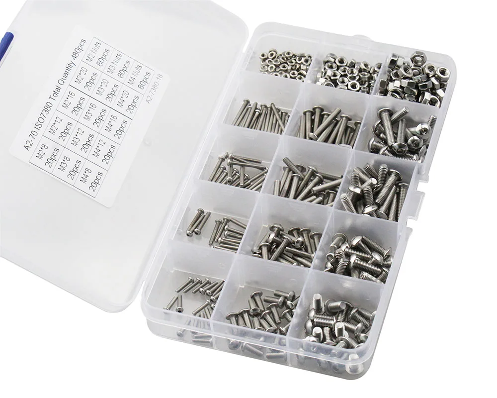 480 teile/satz M2 M3 M4 Halbrundkopf Innensechskantschraube Bolzen Mutter Edelstahl SS304 Schrauben Muttern Sortiment Kit Befestigungsmaterial Hardware Image