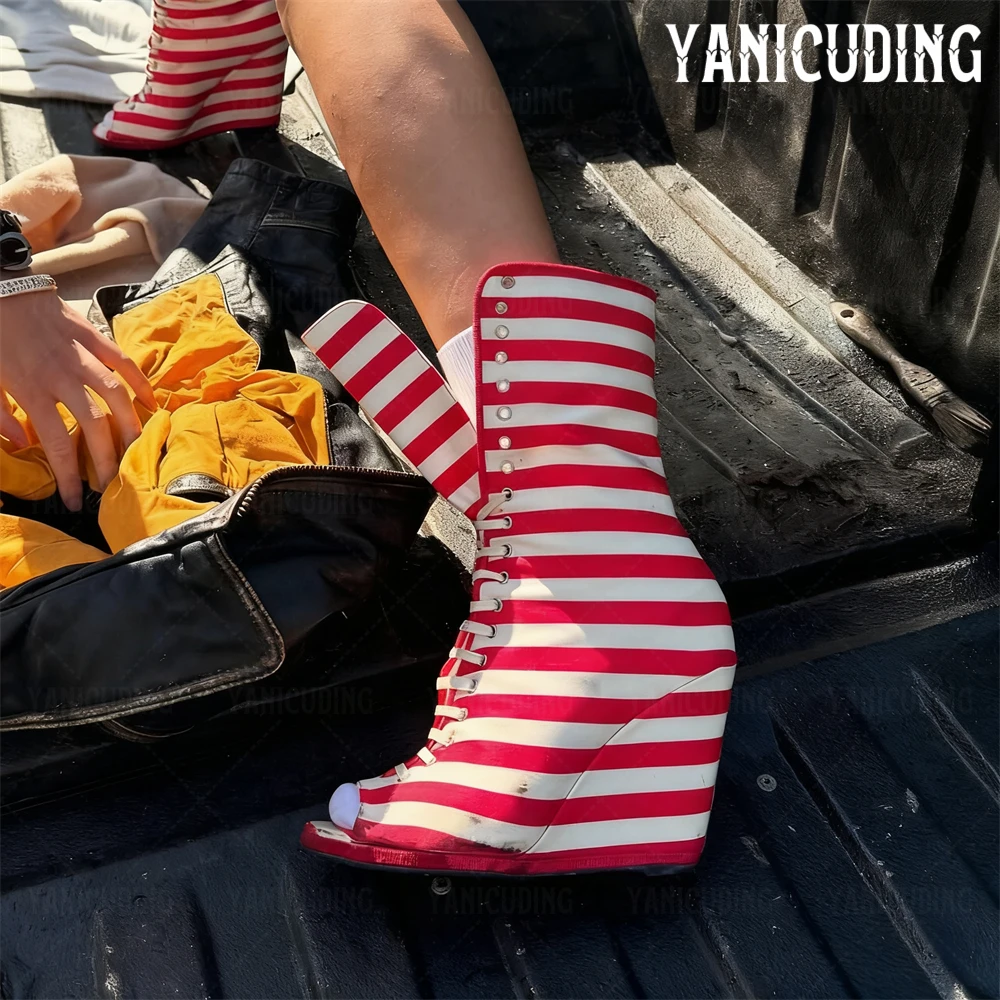 Mittellange Vintage-Stiefel aus gestreiftem Canvas mit Schnürung, Peep-Toe-Stiefeletten, modischer Sneaker-Stiefel, individuelle mehrfarbige Keilstiefel