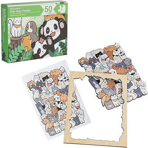 Puzzle en bois de 50 pièces en forme de chat, pièces détaillées sur le thème des animaux, puzzle unique en bois représentant des chatons, des chiens et des pandas colorés, cadeau original pour les