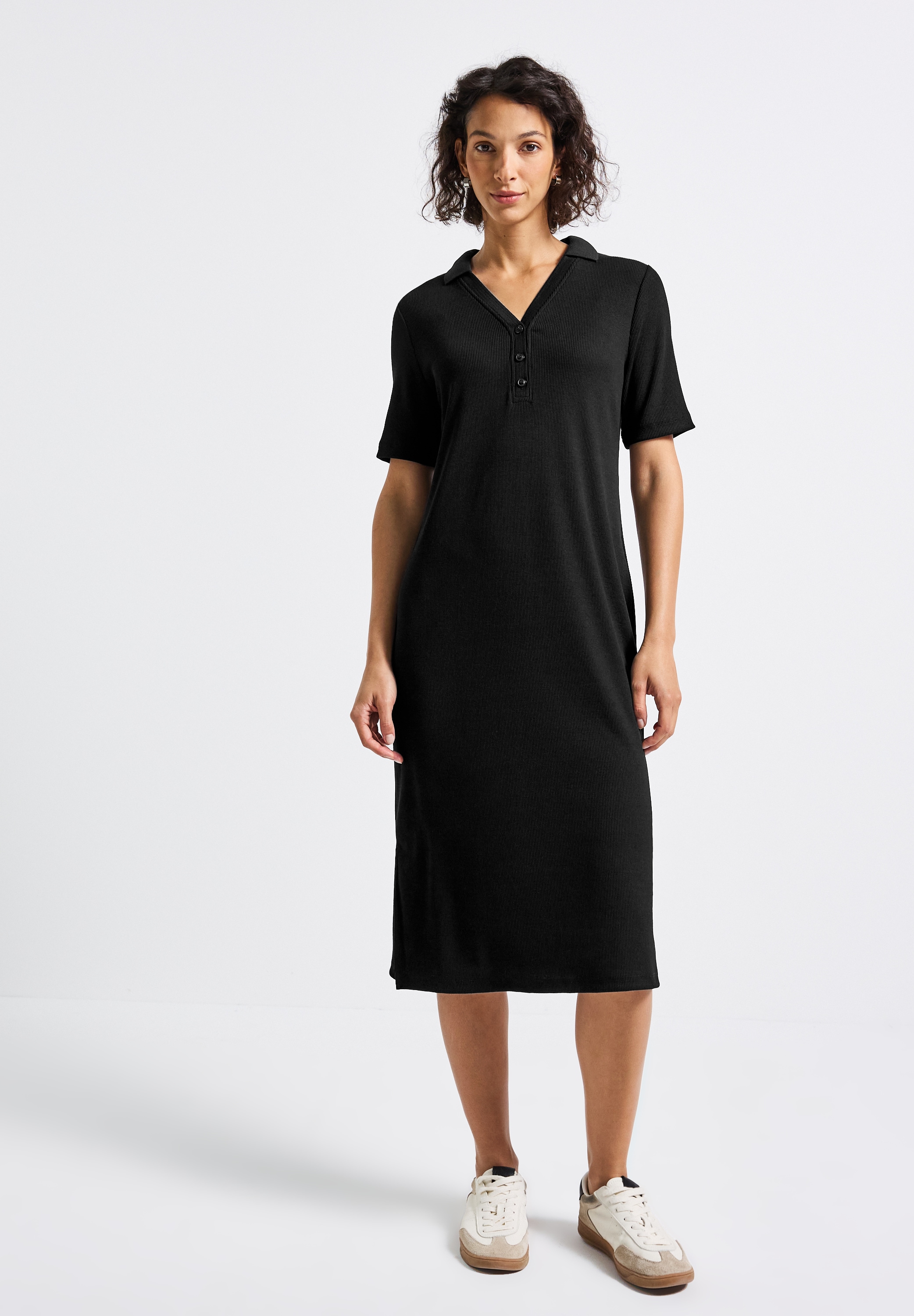 Midikleid STREET ONE, Damen, Gr. 36, EURO-Größen, schwarz, Stoff, 63% Polyester, 34% Viskose, 3% Elasthan, unifarben, normal knieumspielend, V-Ausschnitt, abgesteppt, Kleider Midikleid, in Unifarbe