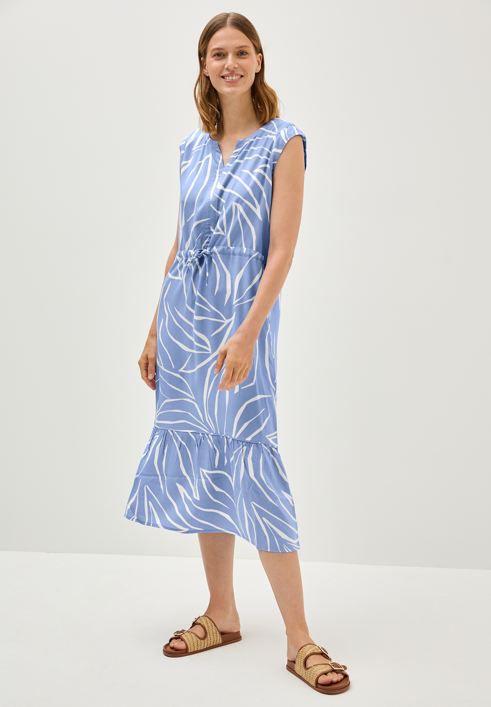 Midikleid CECIL, Damen, Gr. XXL (46), US-Größen, blau (deep pastel blau), Stoff, 100% Viskose, bedruckt, normal wadenlang, Rundhals, Bündchen, Kleider Midikleid, aus Viskose