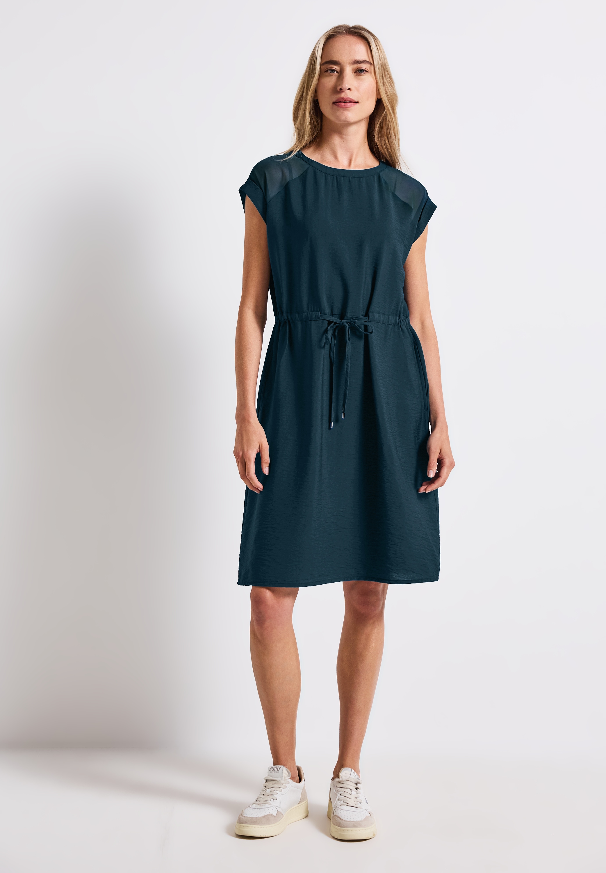 Sommerkleid STREET ONE, Damen, Gr. 36, EURO-Größen, blau (tide blau), Stoff, 88% Viskose, 12% Polyamid, unifarben, normal knielang, Rundhals, abgesteppt, Kleider Sommerkleid, in Unifarbe