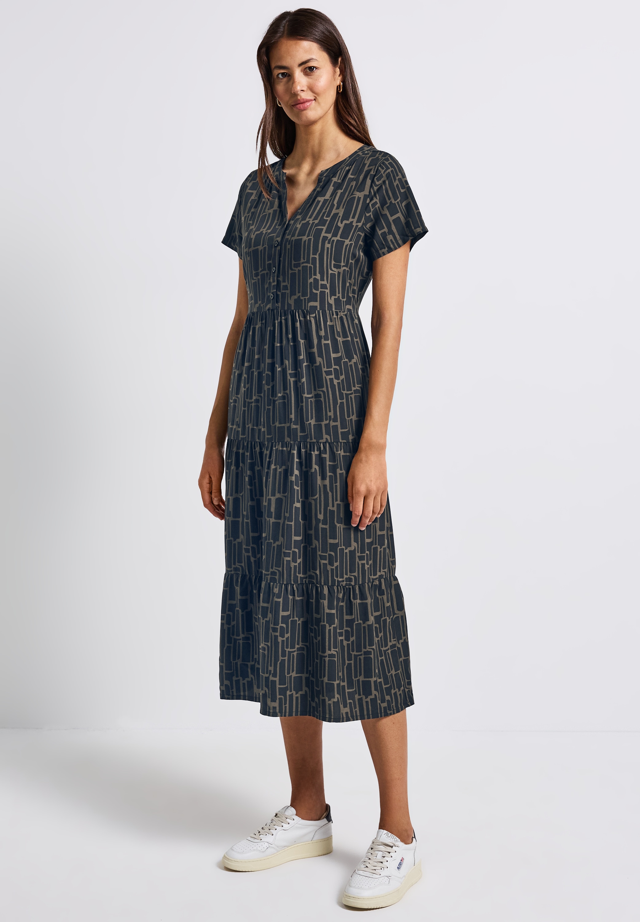 Midikleid STREET ONE, Damen, Gr. 36, EURO-Größen, blau (deepwater blau), Stoff, 100% Viskose, bedruckt, normal wadenlang, V-Ausschnitt, abgesteppt, Kleider Midikleid, aus Viskose