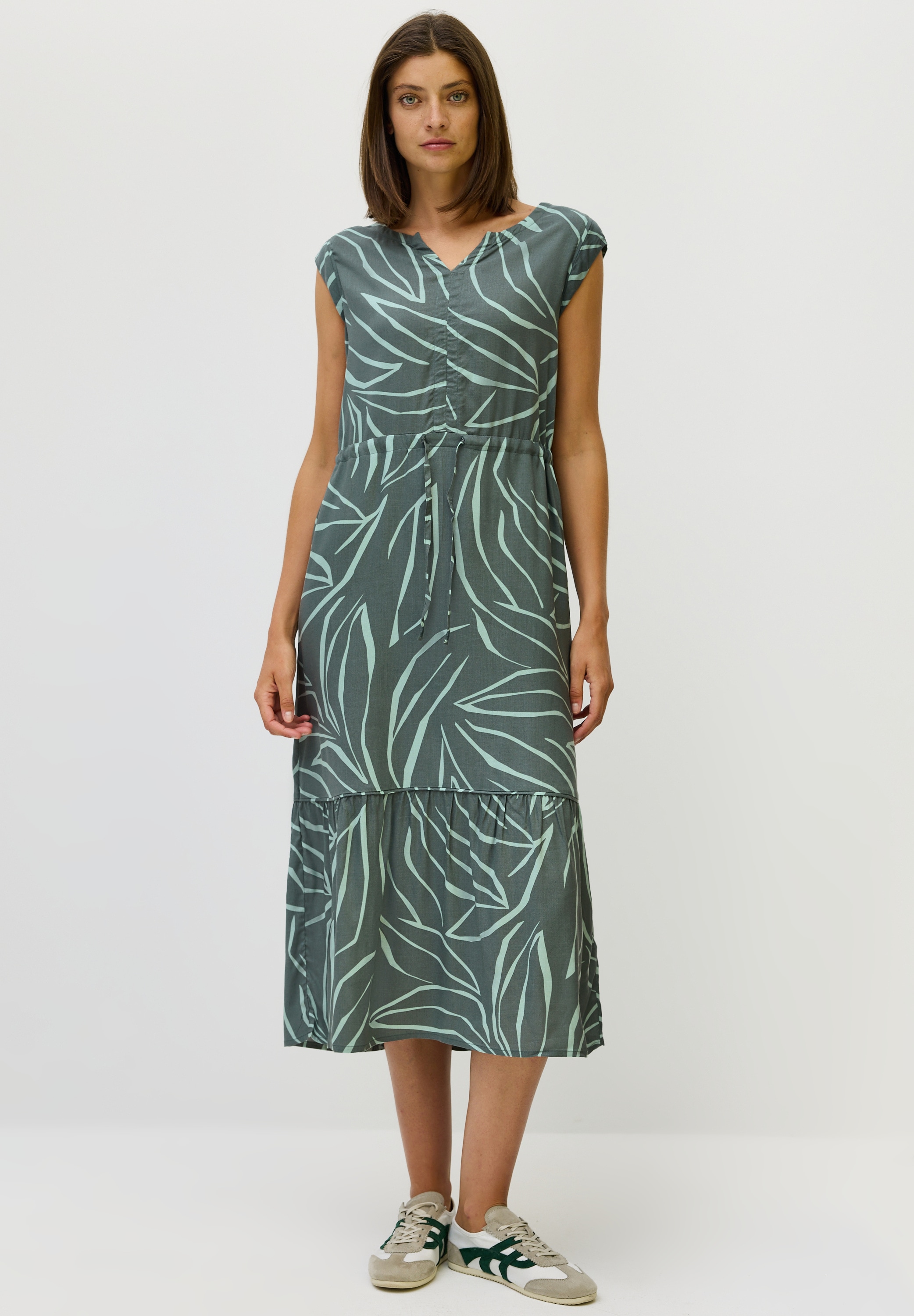 Midikleid CECIL, Damen, Gr. XXL (46), US-Größen, grün (schwarz balmy khaki), Stoff, 100% Viskose, bedruckt, normal wadenlang, Rundhals, Bündchen, Kleider Midikleid, aus Viskose