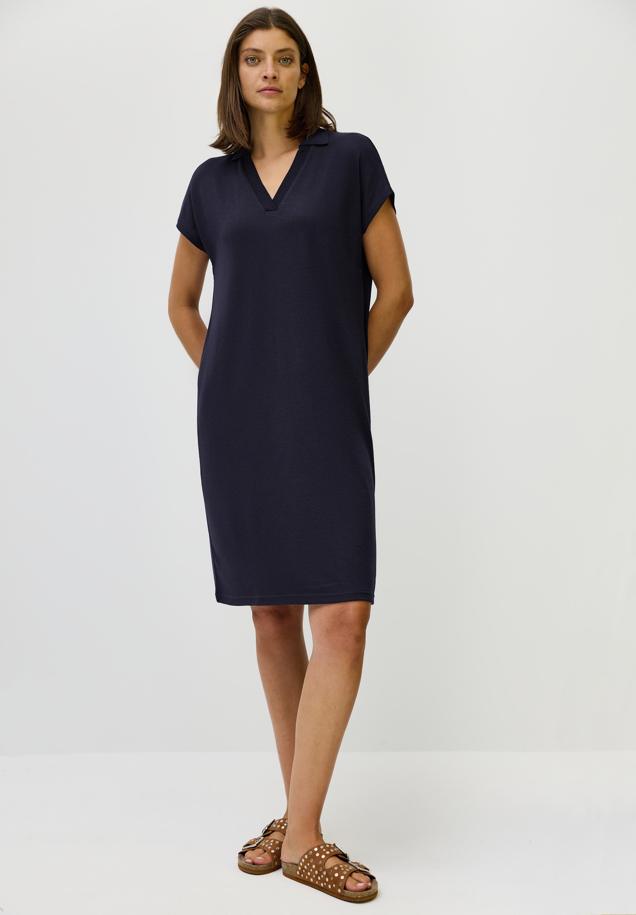 Sommerkleid CECIL, Damen, Gr. XXL (46), US-Größen, blau (urban dunkelblau), Stoff, 78% Viskose, 17% Polyester, 5% Elasthan, gemustert, normal knielang, V-Ausschnitt, abgesteppt, Kleider Sommerkleid, knielang
