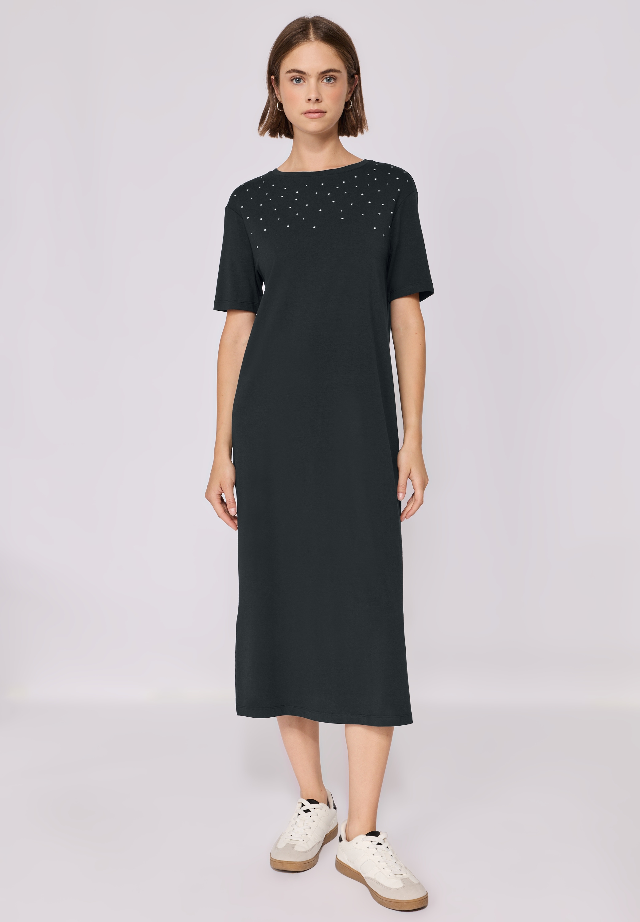 Shirtkleid STREET ONE STUDIO, Damen, Gr. 36, EURO-Größen, industrial grau, Web, 47% Baumwolle, 47% Modal, 6% Elasthan, unifarben, regular fit wadenlang, Rundhals, abgesteppt, Kleider Shirtkleid, mit Rundhalsausschnitt