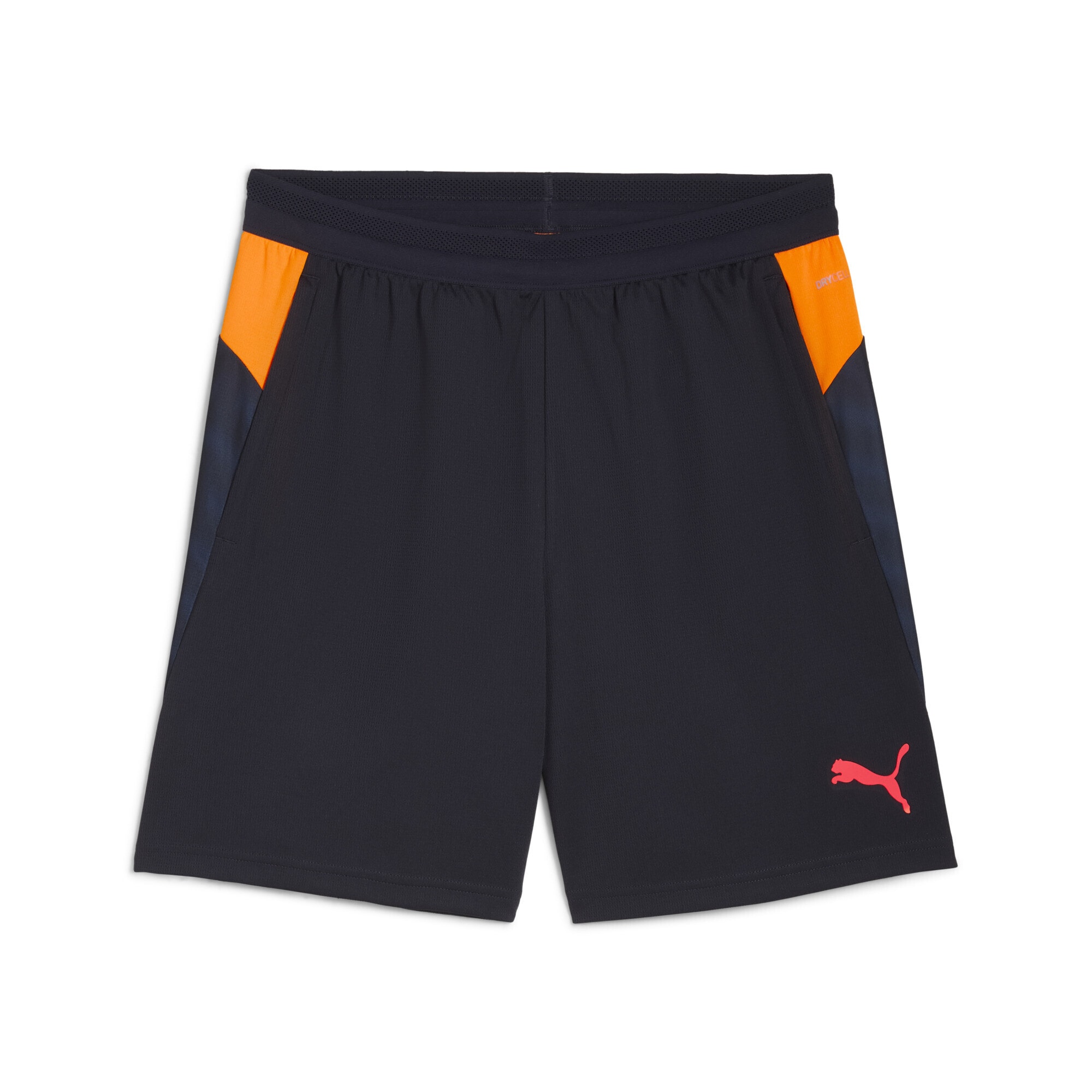 Sporthose PUMA "individualCUP Fußball Trainingsshorts Herren", Damen, Gr. XS, Normalgrößen, new navy glowing rot heat fire blau orange, Obermaterial: 100% Polyester; Taschenfutter: 100% Polyester; Unterer Bund: 89% Polyester, 11% Elasthan, bedruckt,...