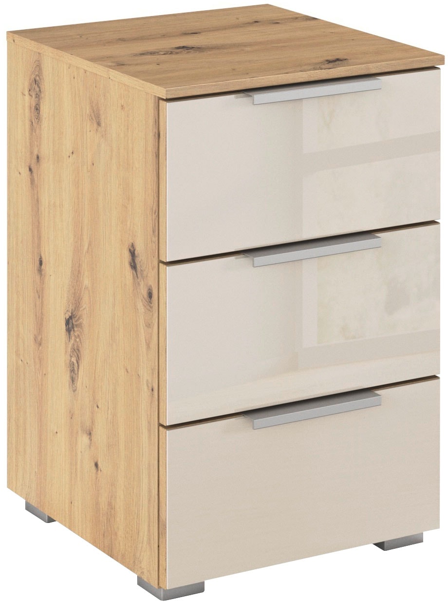 Nachtkommode RAUCH "Nachttisch Nachtkonsole Nachtschrank KOLUNA mit Glasfront", beige (eiche artisan, glas beige (champagner)), B:40cm H:61cm T:42cm, Holzwerkstoff, Sideboards, mit 3 geräumigen Schubladen für viel Stauraum MADE IN GERMANY