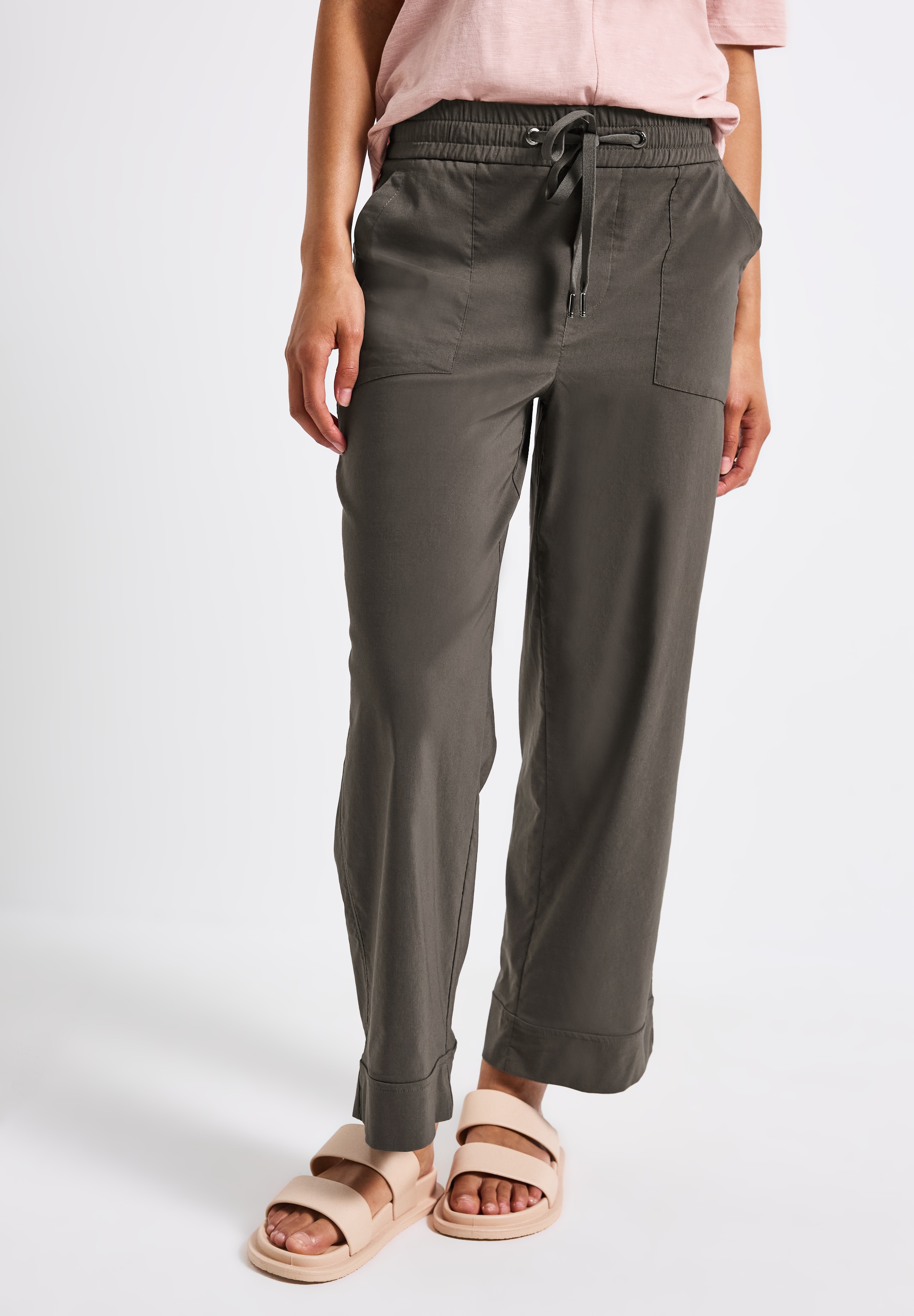 Bermudas STREET ONE, Damen, Gr. 44, Länge 28, braun (nomad braun), Web, 66% Baumwolle, 30% Polyester, 4% Elasthan, unifarben, comfort fit normal, Hosen Bermudas, High Waist