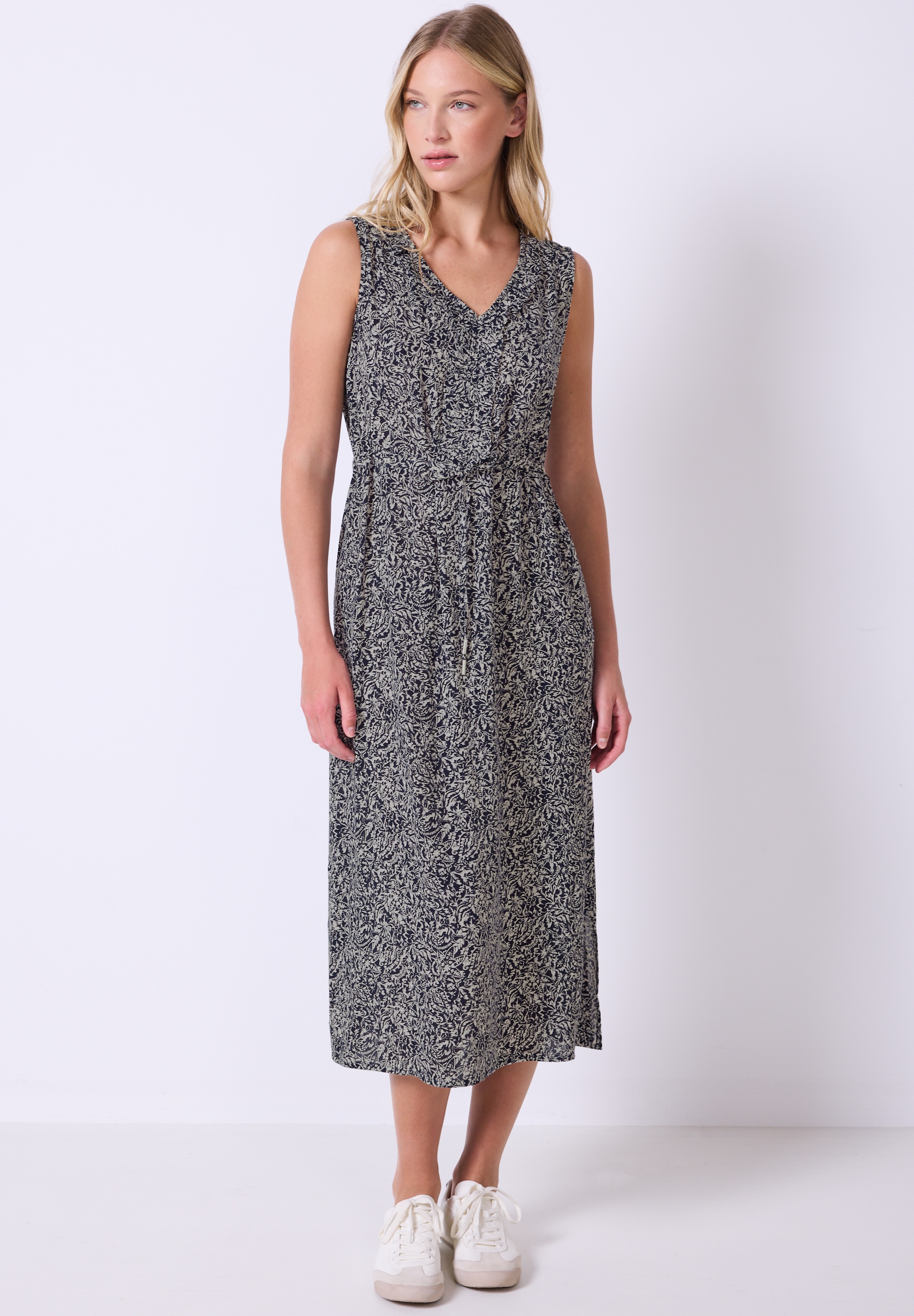 Midikleid STREET ONE STUDIO, Damen, Gr. 44, EURO-Größen, void blau, Stoff, 100% Viskose, gemustert, normal wadenlang, V-Ausschnitt, abgesteppt, Kleider Midikleid, aus Viskose