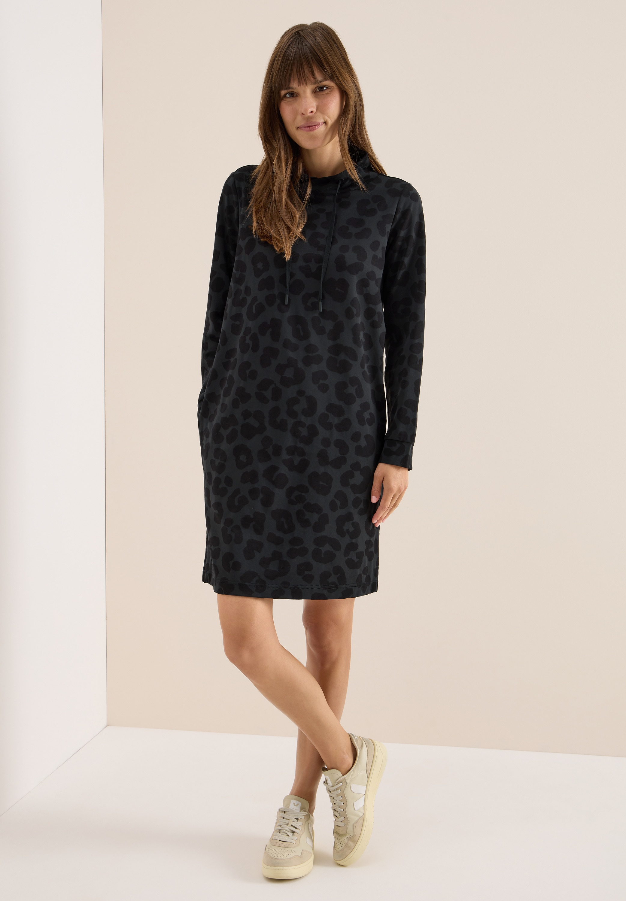 Midikleid CECIL, Damen, Gr. XXL (46), US-Größen, schwarz, Stoff, 50% Polyester, 50% Viskose, animal-print, normal knieumspielend, hoch geschlossener Ausschnitt, abgesteppt, Kleider Midikleid, mit Stehkragen