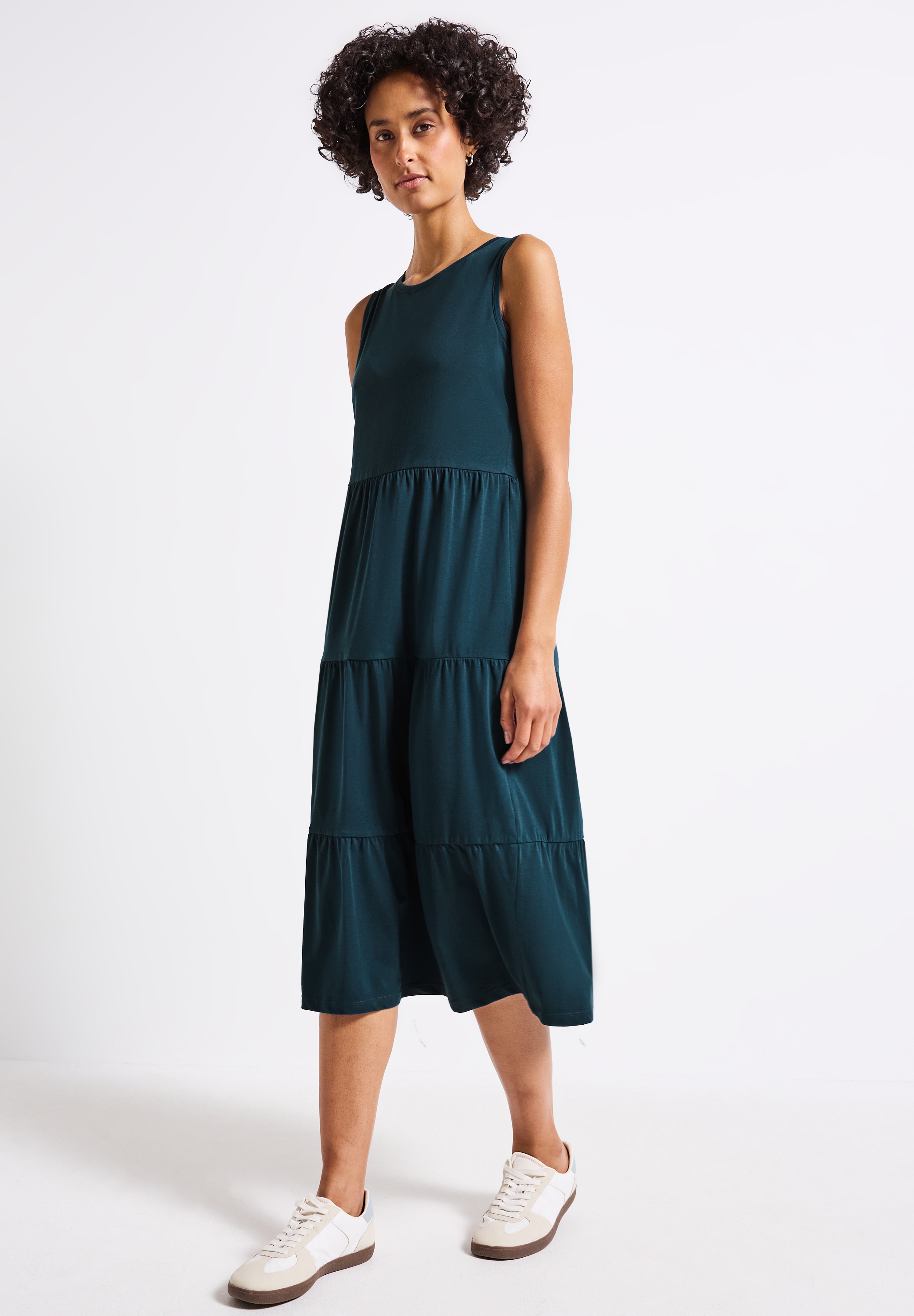 Jerseykleid STREET ONE, Damen, Gr. 44, EURO-Größen, blau (tide blau), Jersey, 95% Baumwolle, 5% Elasthan, unifarben, normal wadenlang, Rundhals, Umschlagbund, Kleider Jerseykleid, in Unifarbe