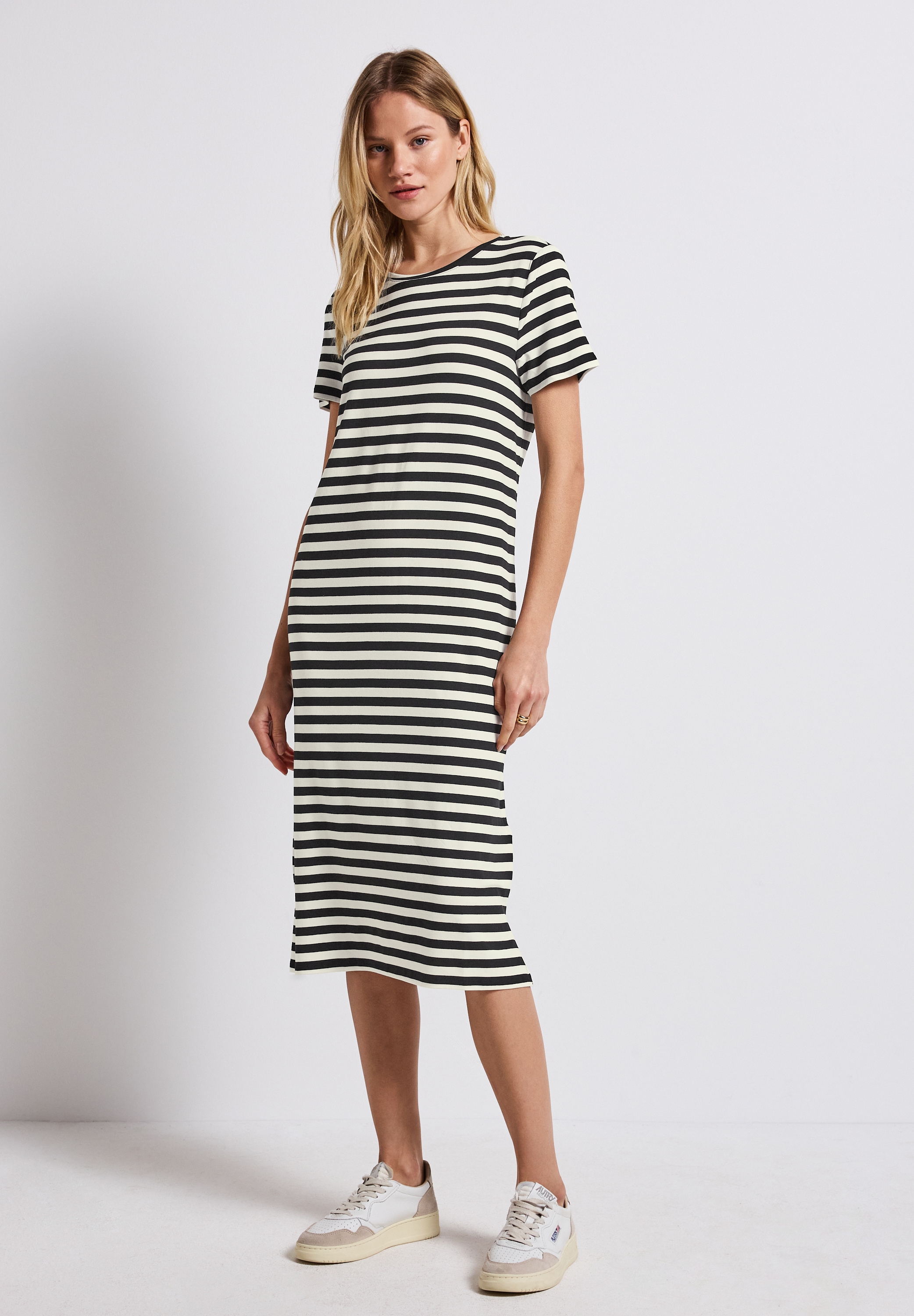 Shirtkleid STREET ONE, Damen, Gr. 44, EURO-Größen, schwarz, Stoff, 95% Viskose, 5% Elasthan, gestreift, normal knieumspielend, Rundhals, abgesteppt, Kleider Shirtkleid, mit Rundhalsausschnitt