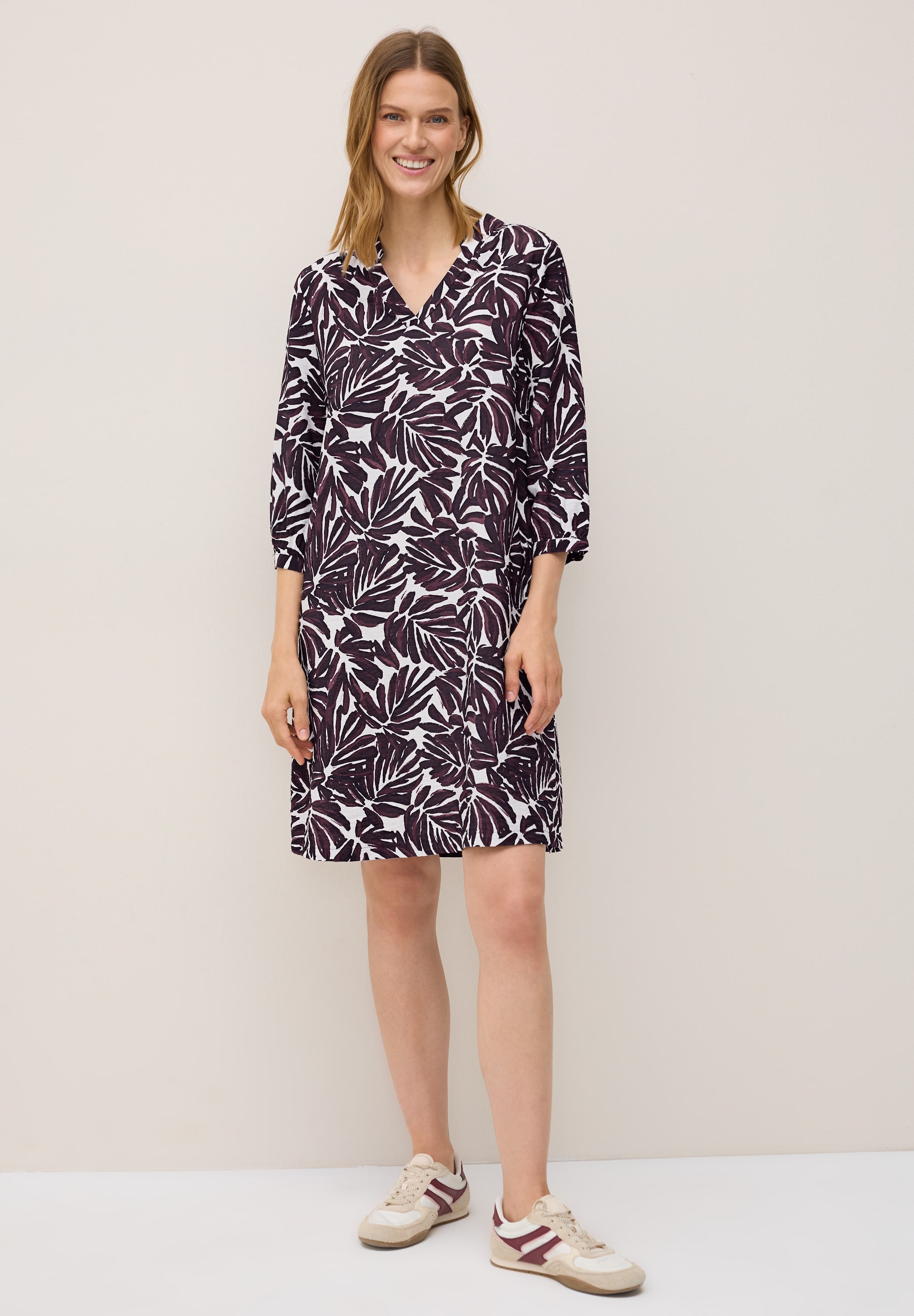 Sommerkleid CECIL, Damen, Gr. XXL (46), US-Größen, rot (mulberry rot), Stoff, 88% Viskose, 12% Polyamid, unifarben, comfort fit knieumspielend, V-Ausschnitt, Manschette, Kleider Sommerkleid, knielang