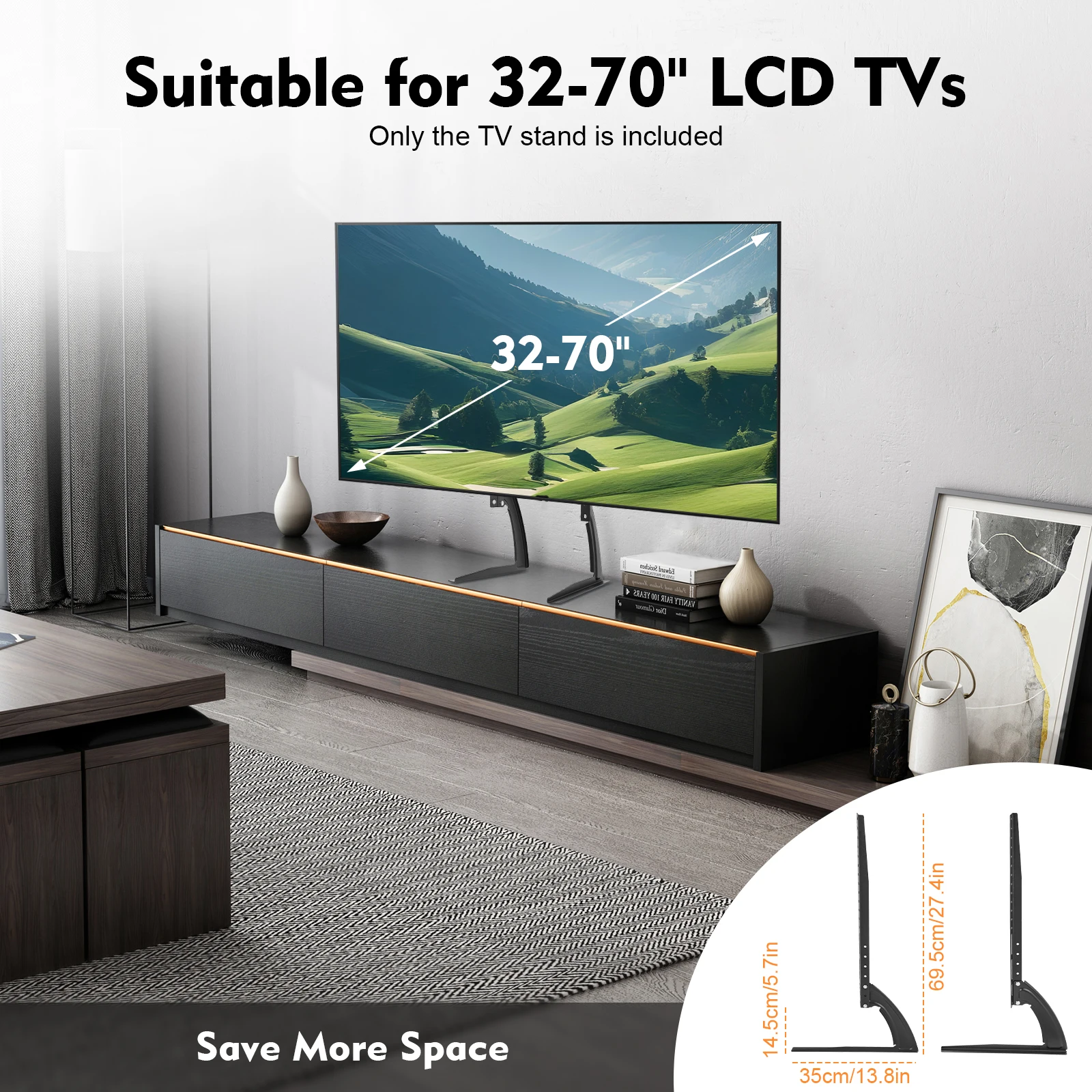 Universeller Tisch-TV-Ständer für 32-70-Zoll-LCD-Fernseher, maximale Belastung 77 Pfund, höhenverstellbare Basis ohne Bohrinstallation