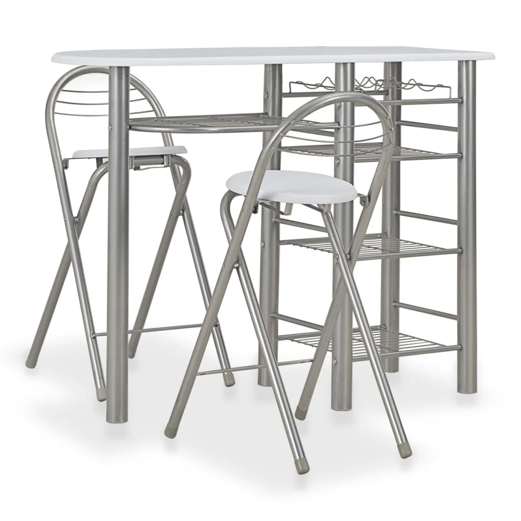 3-teiliges Bar-Set mit Regalen, Holz und Stahl, weiß. Moderne Esszimmer-Sets, Multiplayer-Tisch mit Stühlen, dekorative Möbel