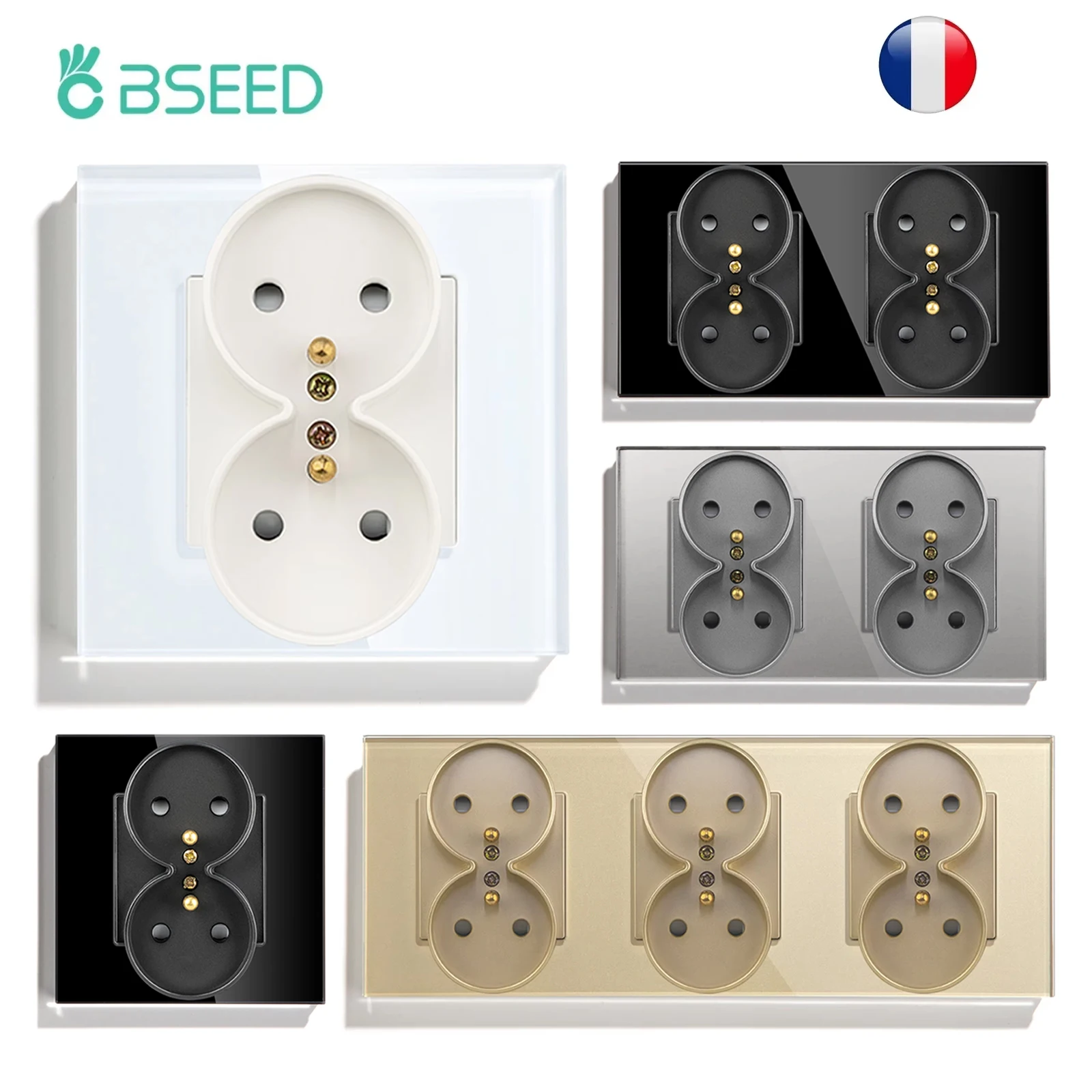 BSEED Wandsteckdose mit Doppelsteckern, Steckdosen, französischer Stecker, Kristallglasscheibe, 250 V, 16 A Image