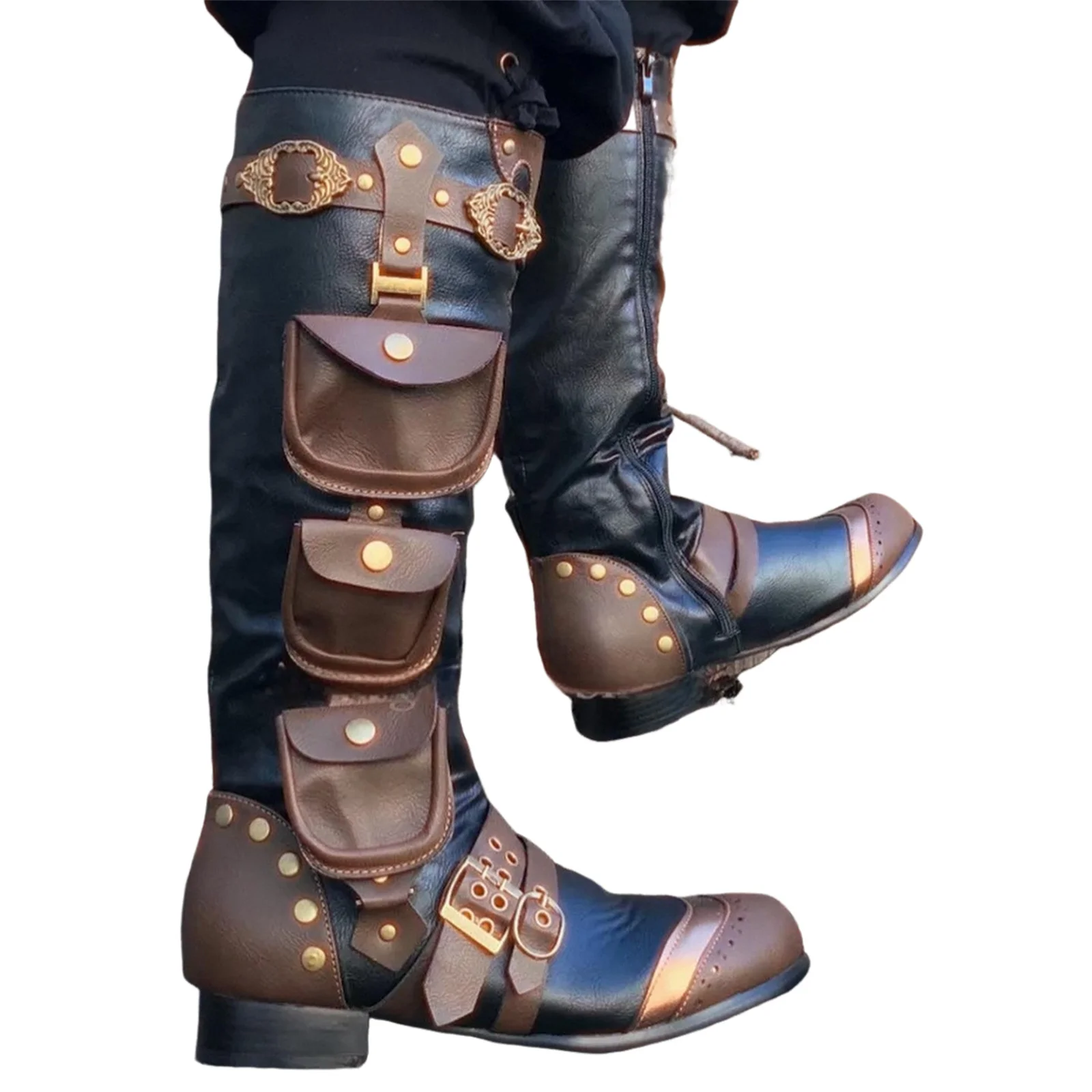 Mittelalterliche Steampunk Retro hohe Stiefel mit Taschen Zeitreisender Cosplay Herren kniehohe Rollenspiel Halloween Piratenschuhe Image