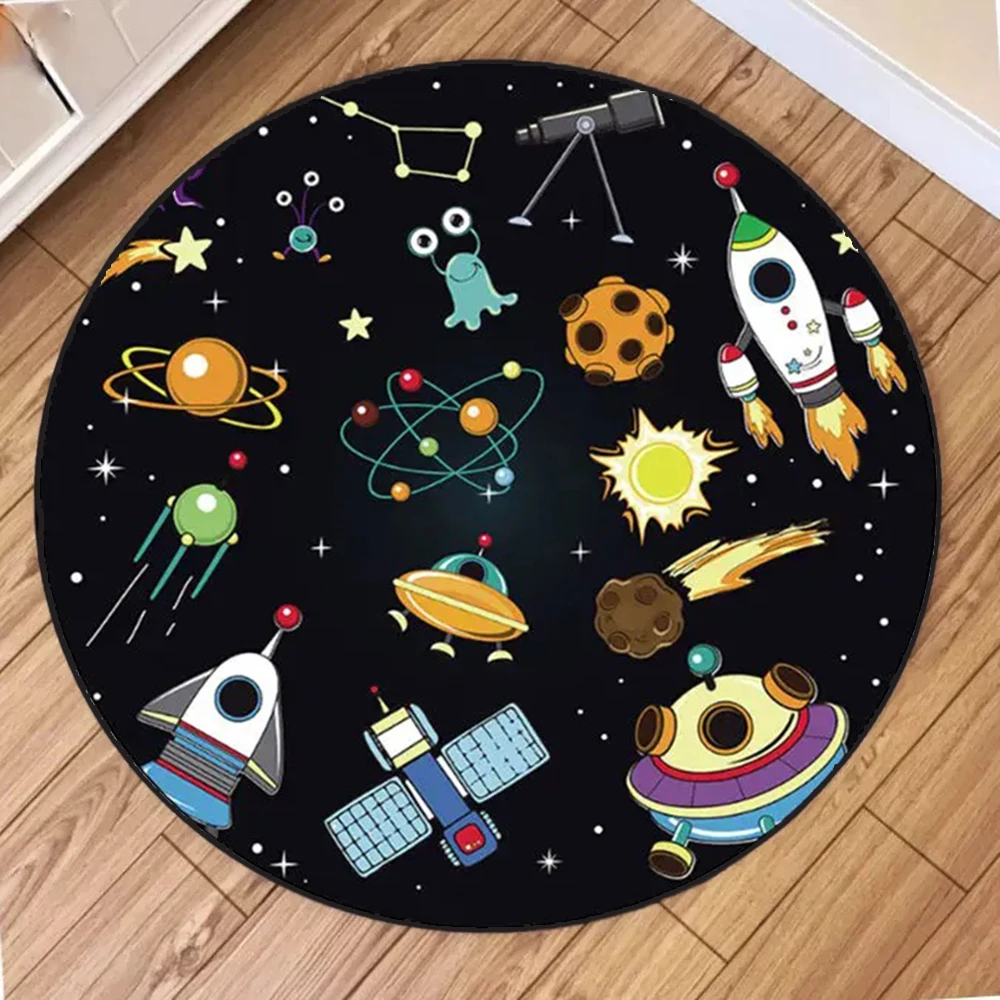 Kinder Raum Runde Teppich Sammlung Cartoon Planet Rakete Alien Muster Pädagogische Teppich Für Kinderzimmer Dekor Image