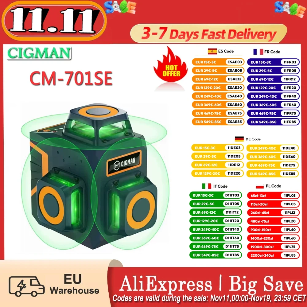 Cigman Cm-701Se 3X360 ° 12 Linien Laser Level 3D Green Cross Line mit Fernbedienung und magnetischer L-förmiger Halterung bis zu 50 m W Image